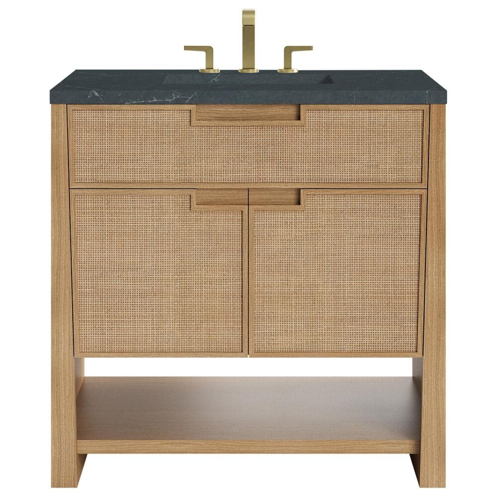 James Martin Vanities Solene 36" Single Bathroom Vanity in Seaside Oak with 3 cm Charcoal Soapstone Quartz Top and Rectangular Sink, , large