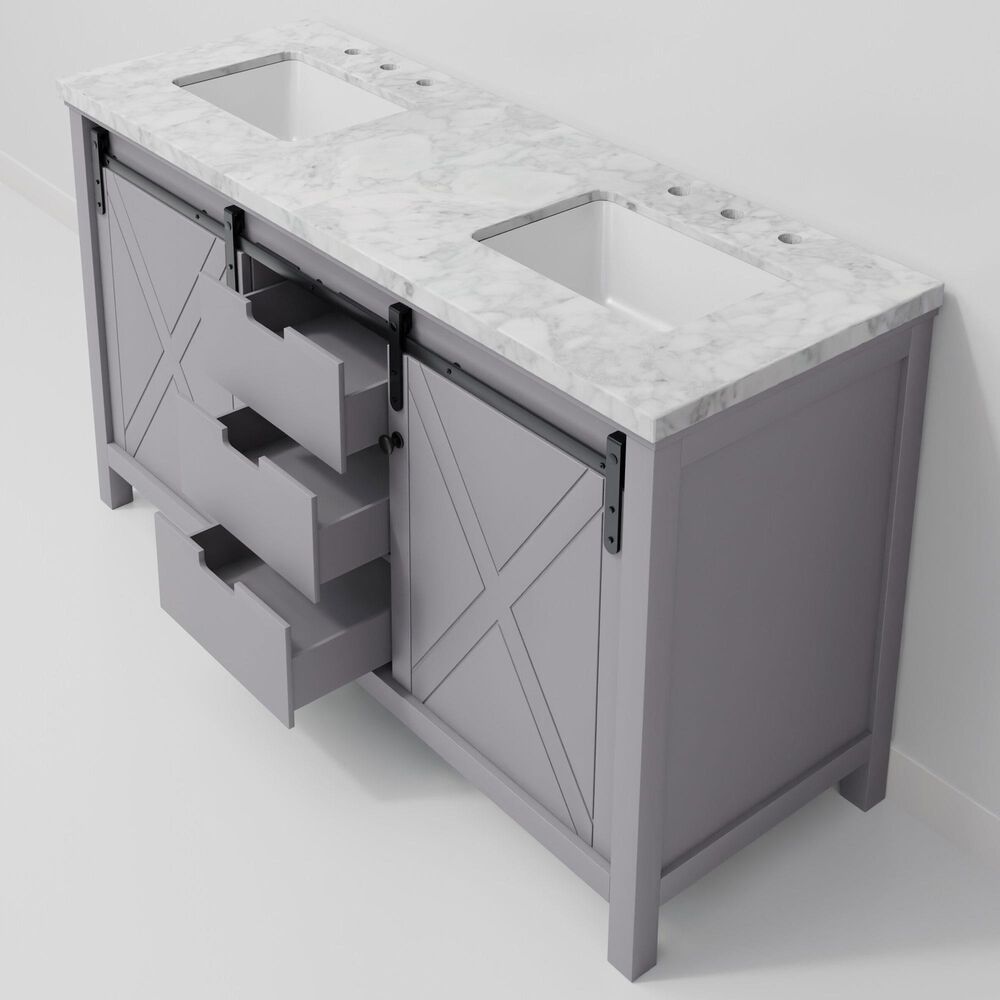 Lexora Home Marsyas 60" Double Bathroom Vanity in Dark Grey with White Carrara Marble Top and Rectangular Sinks, , large