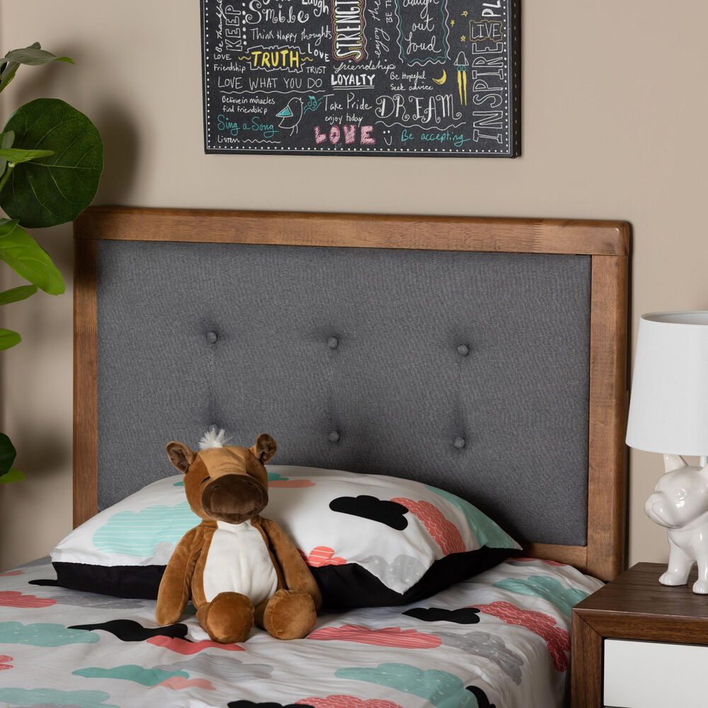 Baxton Studio Sarine Twin Panel Headboard with Dark Grey Upholstered in Walnut Brown, , large