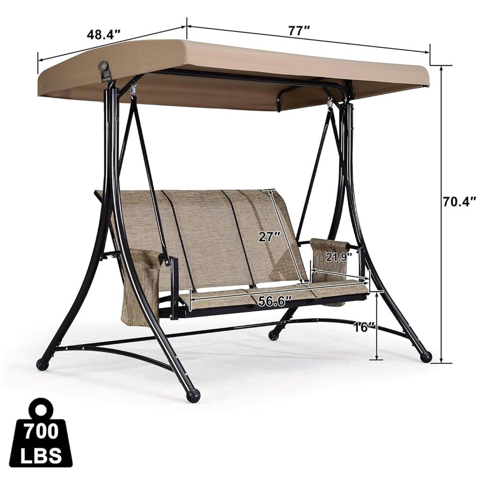 HOMLUX 3-Seat Patio Porch Swing with Weather Resistant Steel Frame and Adjustable Tilt Canopy in Beige, , large