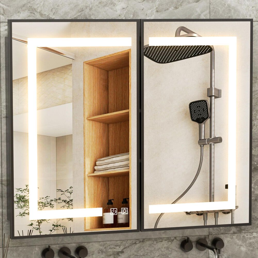 HOMLUX 40" x 32" Bathroom Medicine Cabinet with Mirror in Black, , large