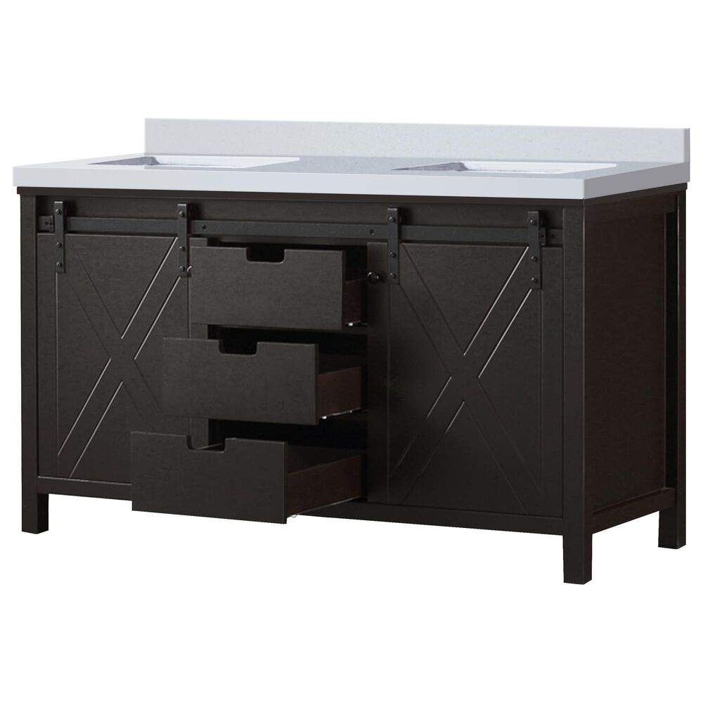 Lexora Home Marsyas 60&quot; Double Bathroom Vanity in Brown with 2 cm White Cultured Marble Top and Rectangular Sinks, , large