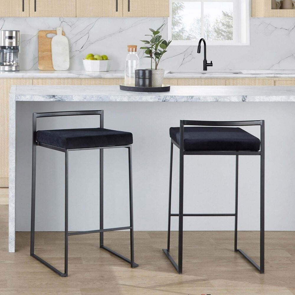 Lumisource Fuji Stackable Counter Stool with Black Velvet Cushion in Black &#40;Set of 2&#41;, , large