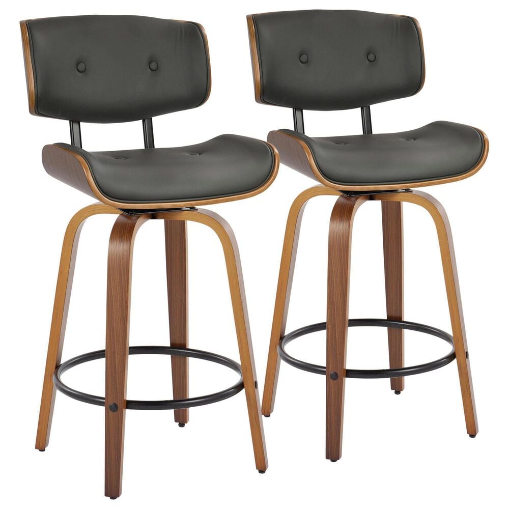 LumiSource Lombardi 26" Swivel Counter Stool with Grey Faux Leather Upholstery in Walnut and Black (Set of 2), , large