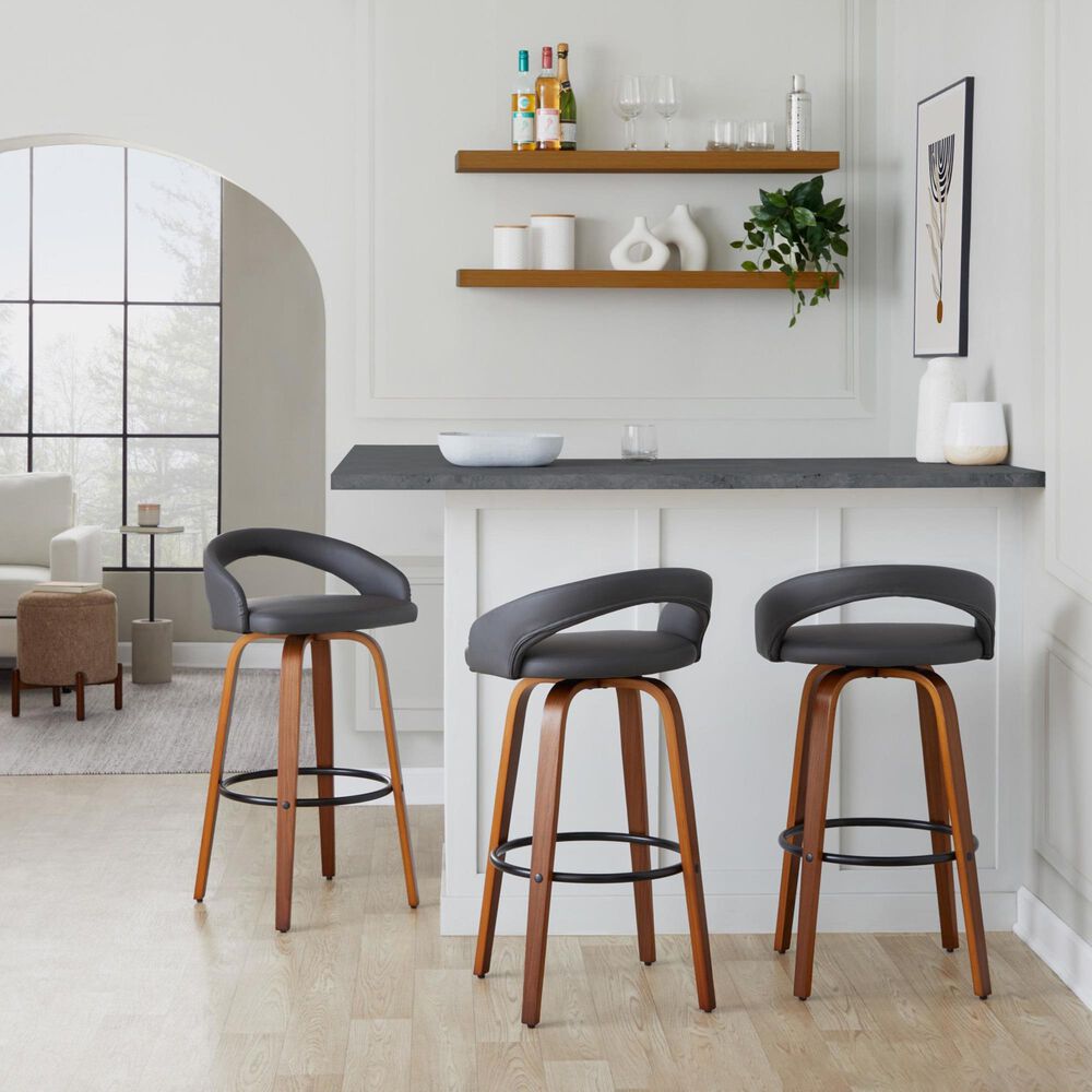 LumiSource Grotto Swivel Bar Stool with Grey Faux Leather Upholstery in Walnut Wood and Black (Set of 2), , large