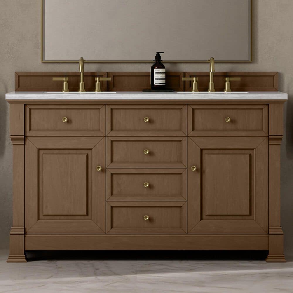 James Martin Vanities Brookfield 60&quot; Double Bathroom Vanity in Pecan with 3 cm Arctic Fall Solid Surface Top and Rectangular Sinks, , large