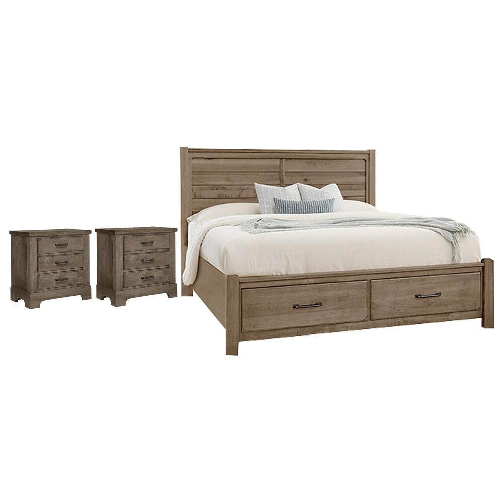 Viceray Collections Cool Rustic Queen Storage Plank Bed with Two Nightstands in Stone Grey, , large