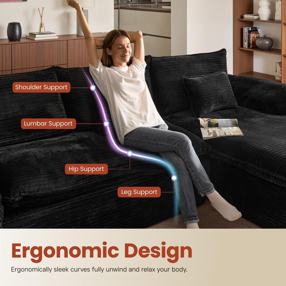 HOMLUX 112" Modern Sectional Sofa with Curved Armrests in Black, , large