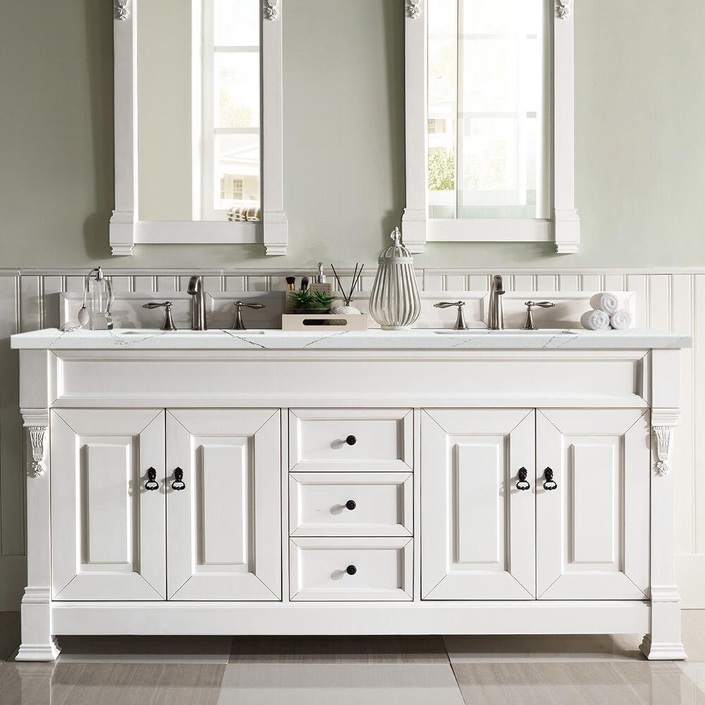 James Martin Vanities Brookfield 72&quot; Double Bathroom Vanity in Bright White with 3 cm Ethereal Noctis Quartz Top and Rectangle Sink, , large