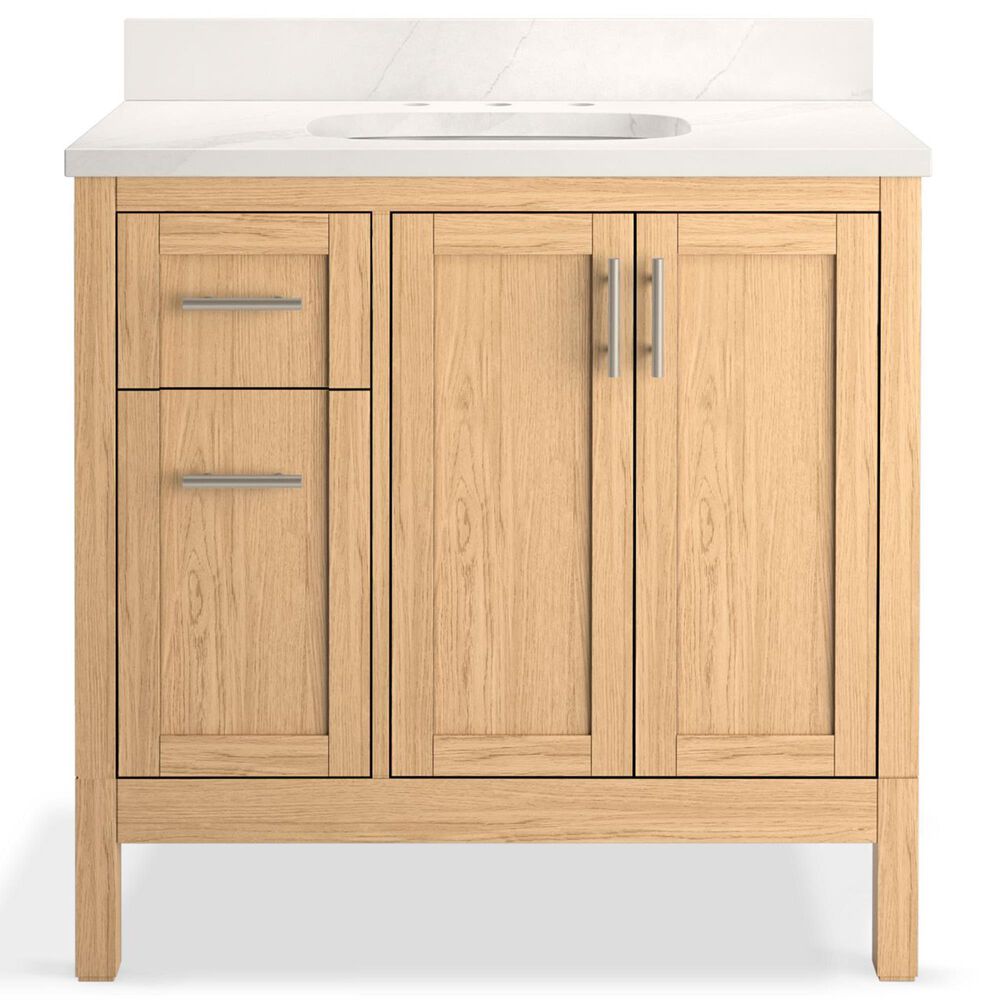 Kohler Hadron 36" Single Bathroom Vanity in Light Oak with 3 cm Bianco Bella Quartz Top and Oval Sink, , large