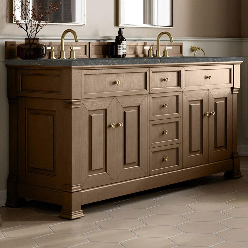 James Martin Vanities Brookfield 72&quot; Double Bathroom Vanity in Pecan with 3cm Parisien Bleu Quartz Top and Rectangular Sinks, , large