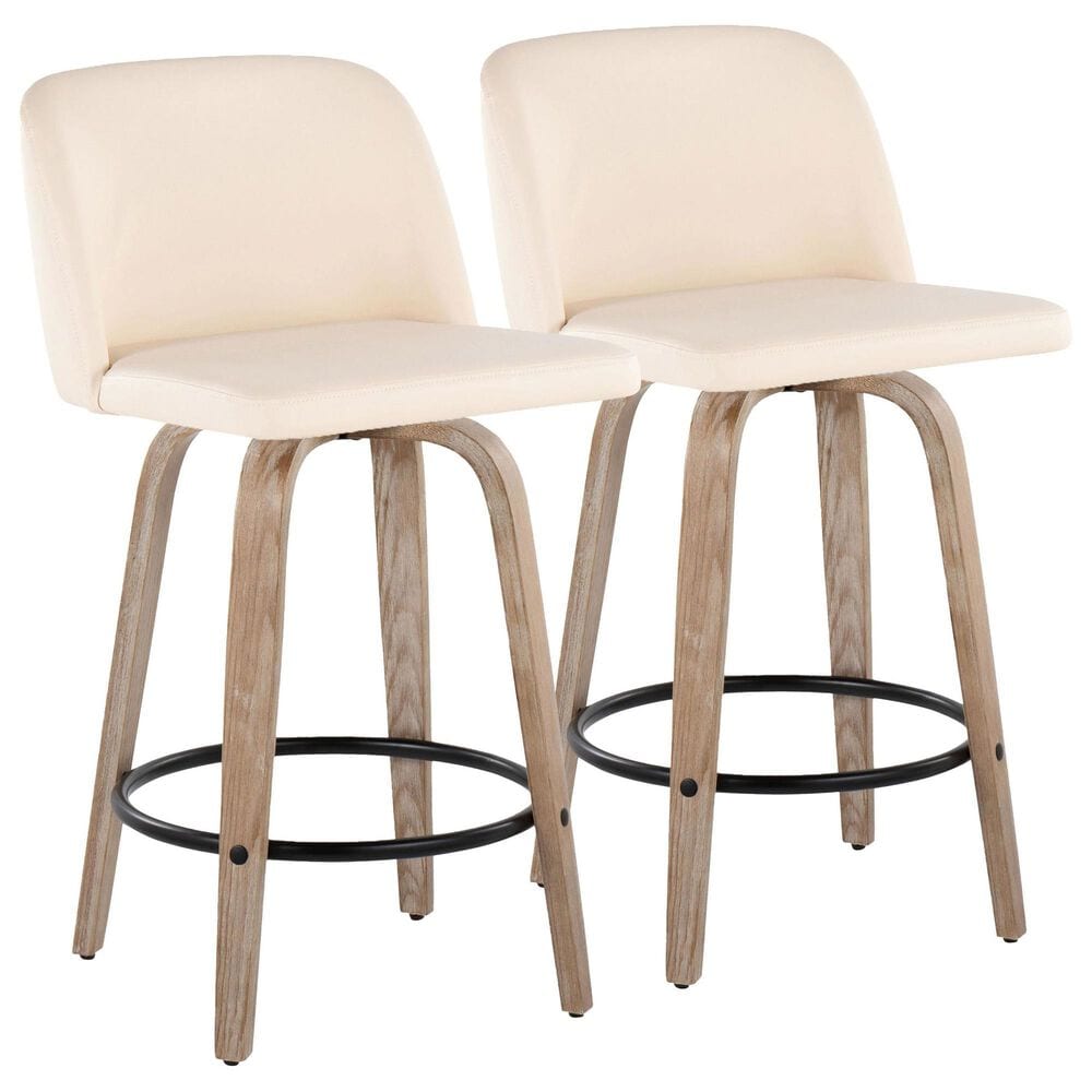 LumiSource Toriano Swivel Counter Stool with Cream Faux Leather Upholstery in Whitewashed and Black (Set of 2), , large