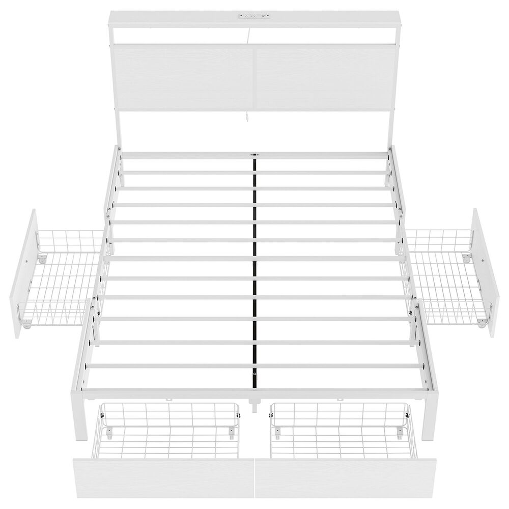 HOMLUX Queen 4-Drawer Storage Bed with LED Headboard and Charging Station in White, , large
