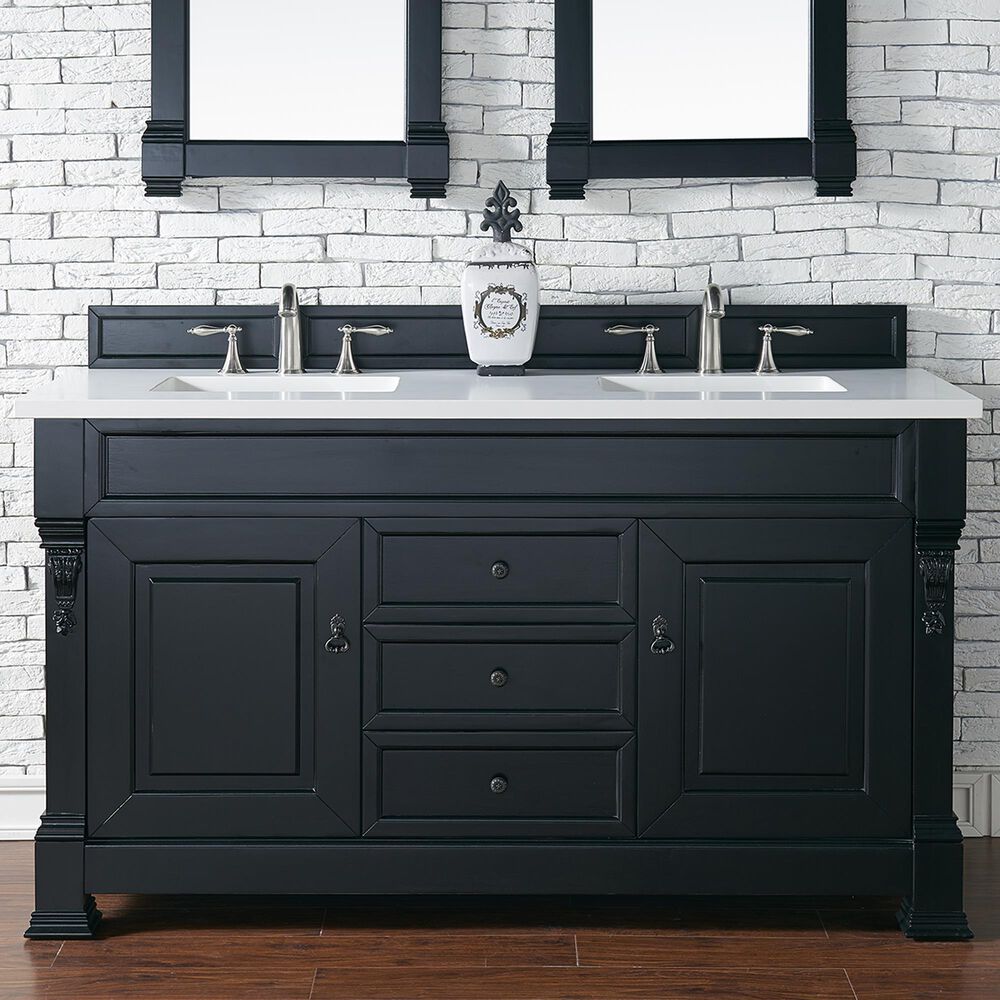 James Martin Vanities Brookfield 60" Double Bathroom Vanity in Antique Black with 3 cm White Zeus Quartz Top and Rectangular Sinks, , large