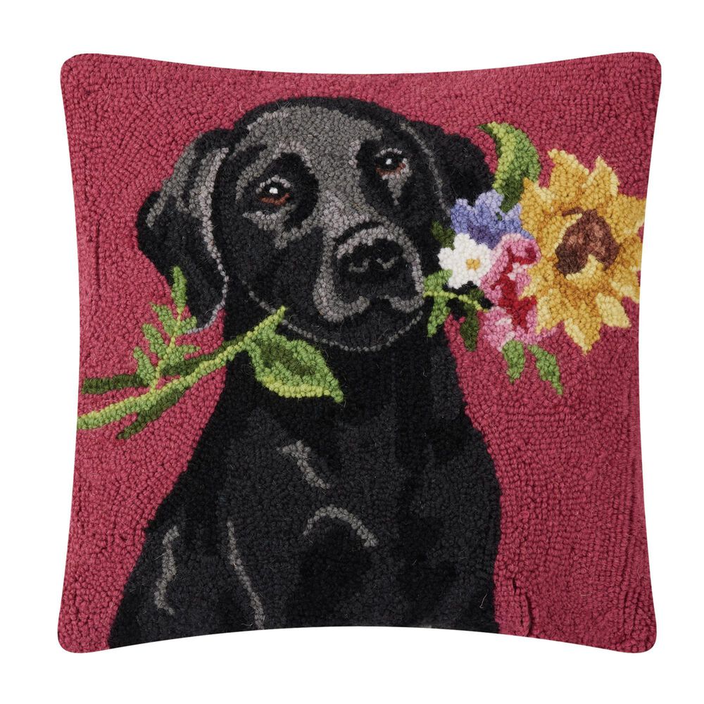 Peking Handicraft Floral Black Lab 18" x 18" Throw Pillow in Black and Red, , large