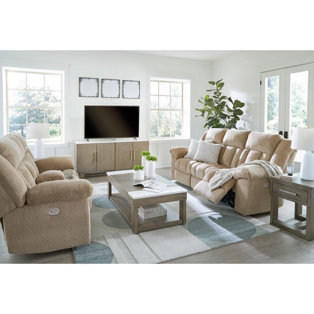 Ashley Tip-Off Power Reclining Loveseat with Adjustable Headrest in Wheat, , large