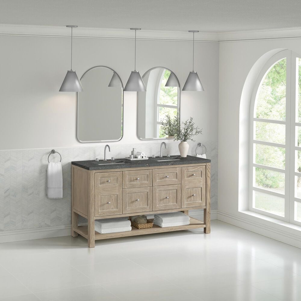 James Martin Vanities Breckenridge 60&quot; Double Bathroom Vanity in Whitewashed Oak with 3 cm Parisien Bleu Quartz Top and Rectangular Sinks, , large