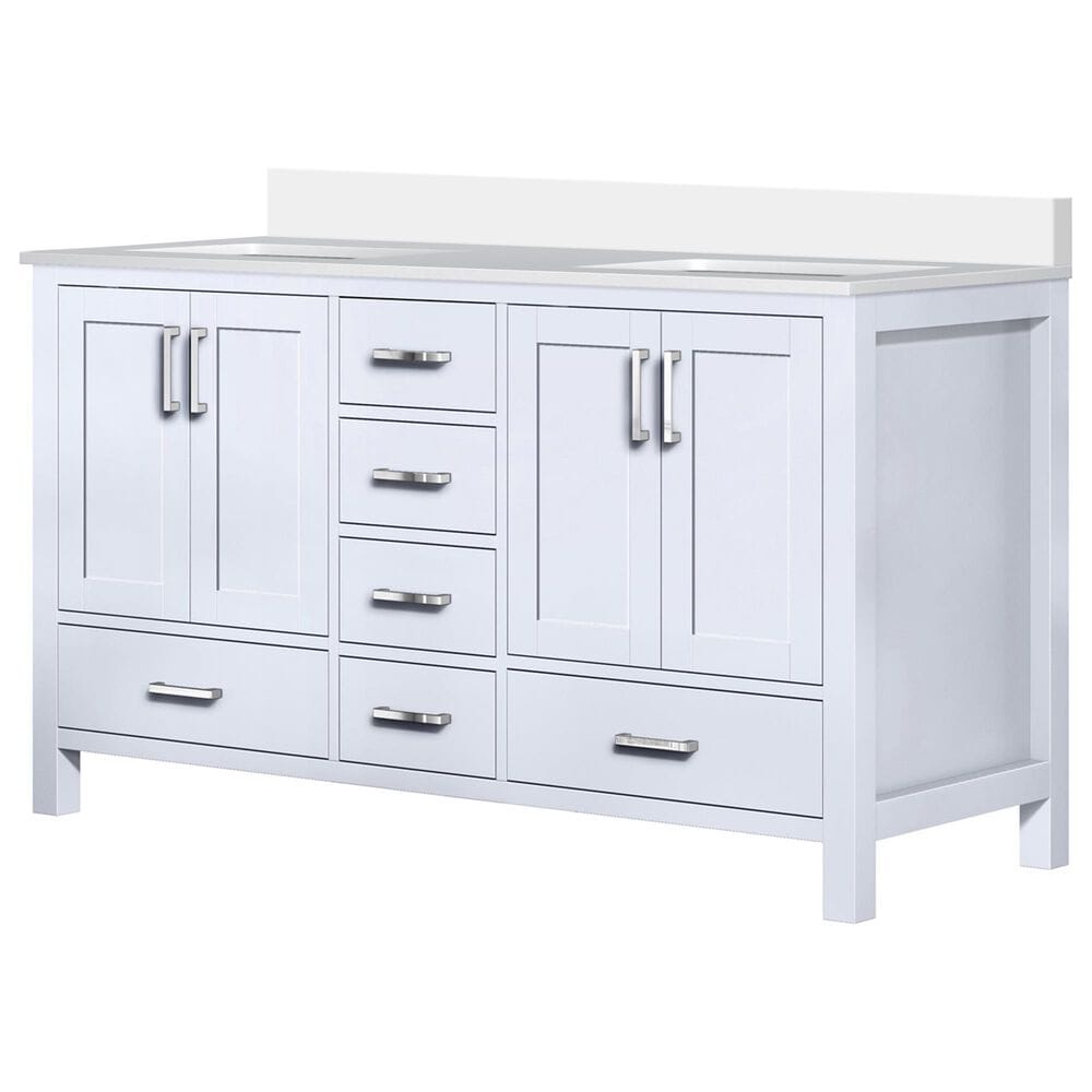 Lexora Home Jacques 60" Double Bathroom Vanity in White with 2 cm White Quartz Top and Rectangular Sinks, , large