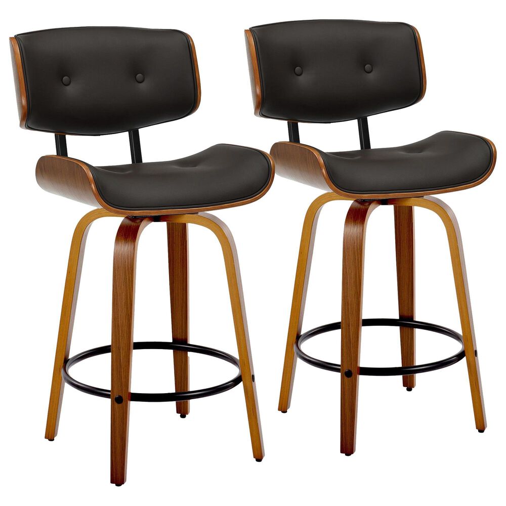 LumiSource Lombardi 26" Swivel Counter Stool with Espresso Faux Leather Upholstery in Walnut and Black (Set of 2), , large