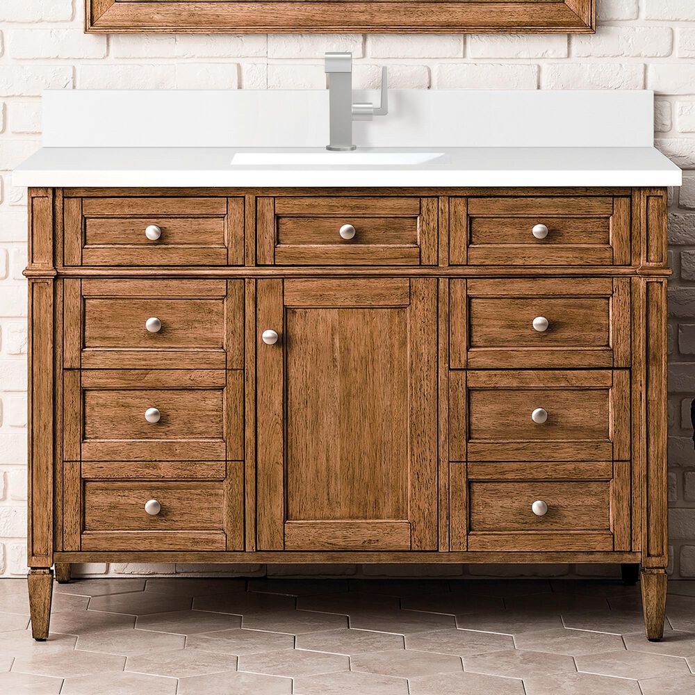 James Martin Vanities Brittany 60&quot; Single Bathroom Vanity in Saddle Brown with 3 cm White Zeus Quartz Top and Rectangular Sink, , large