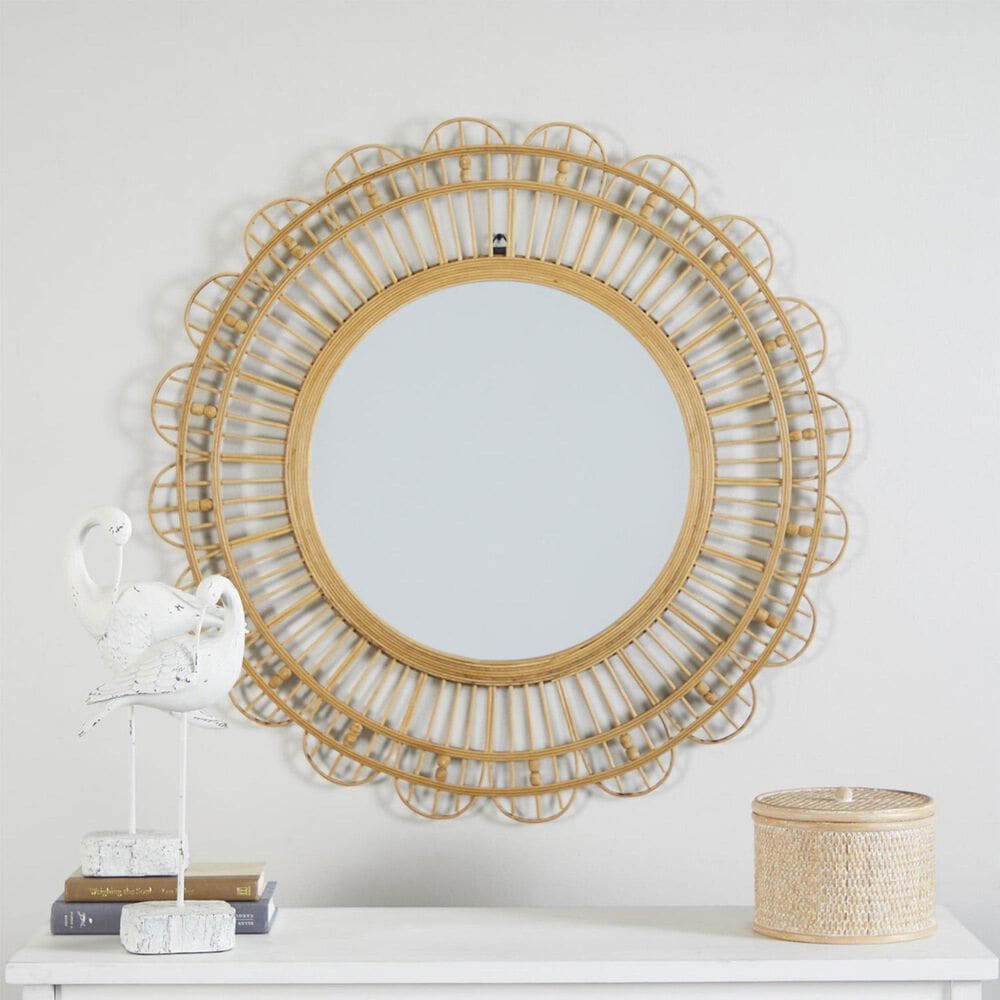Maple and Jade 35&quot; Handmade Woven Floral Wall Mirror with Beaded Accents in Brown, , large