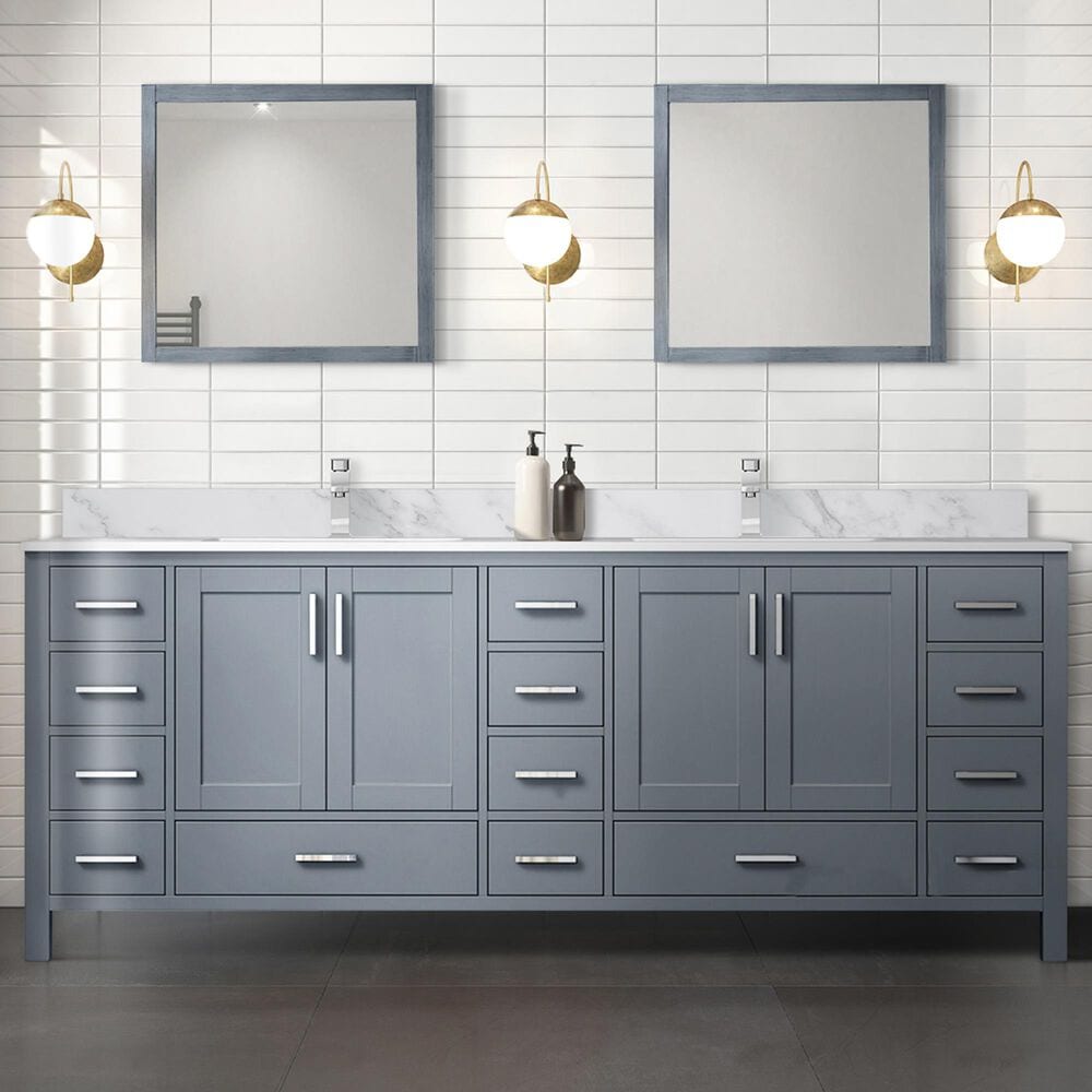 Lexora Home Jacques 84&quot; Double Bathroom Vanity in Dark Grey with 2 cm White Carrara Marble Top and Rectangular Sinks, , large