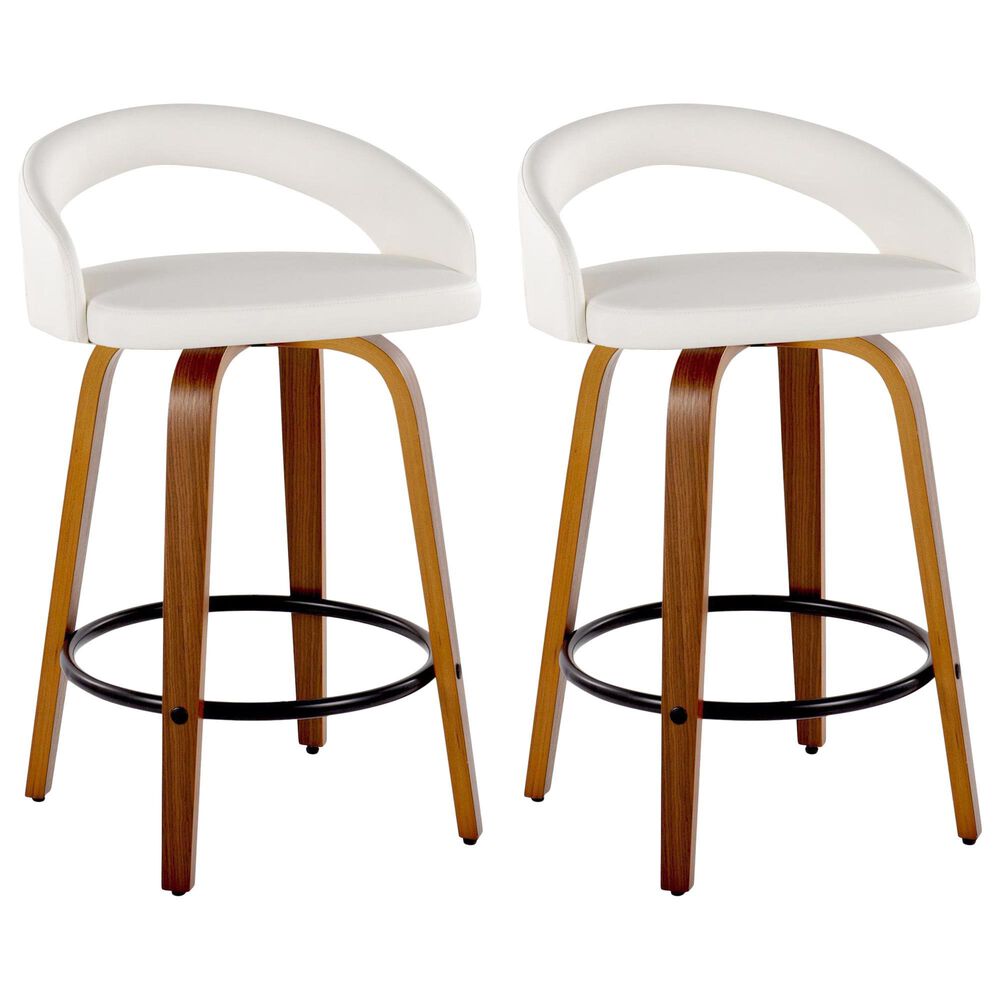 LumiSource Grotto Swivel Counter Stool with White Faux Leather Upholstery in Walnut Wood and Black (Set of 2), , large