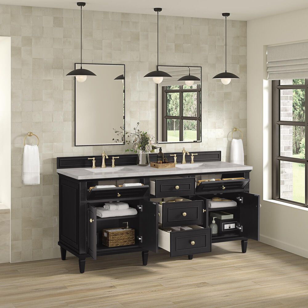 James Martin Vanities Lorelai 72" Double Bathroom Vanity in Black Onyx with 3 cm Eternal Jasmine Pearl Silestone Top, Rectangular Sinks and FreePower Wireless Charger, , large