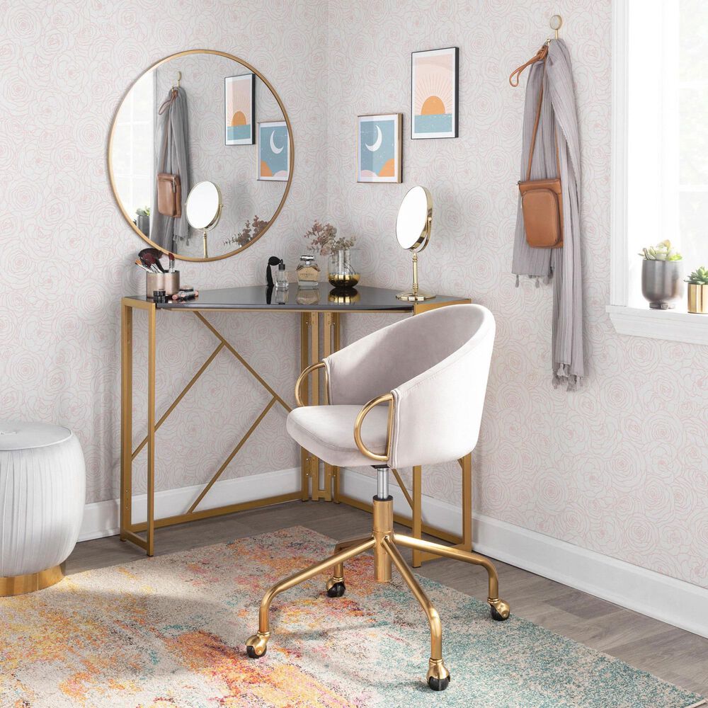LumiSource Claire Swivel Task Chair with Silver Velvet Cushion in Gold, , large
