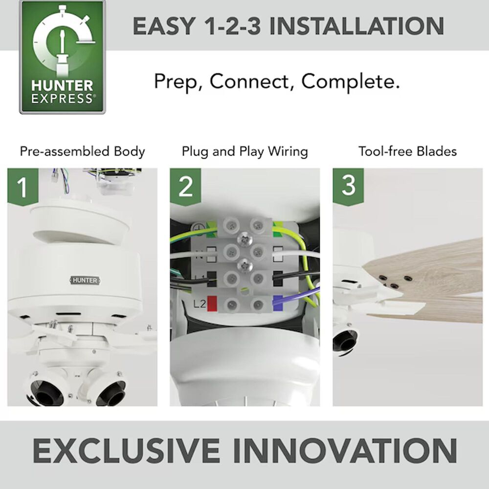 Hunter Gatlinburg Easy Install 52&quot; LED Indoor Ceiling Fan with Light and Remote in Matte White with Light Oak Blades, , large