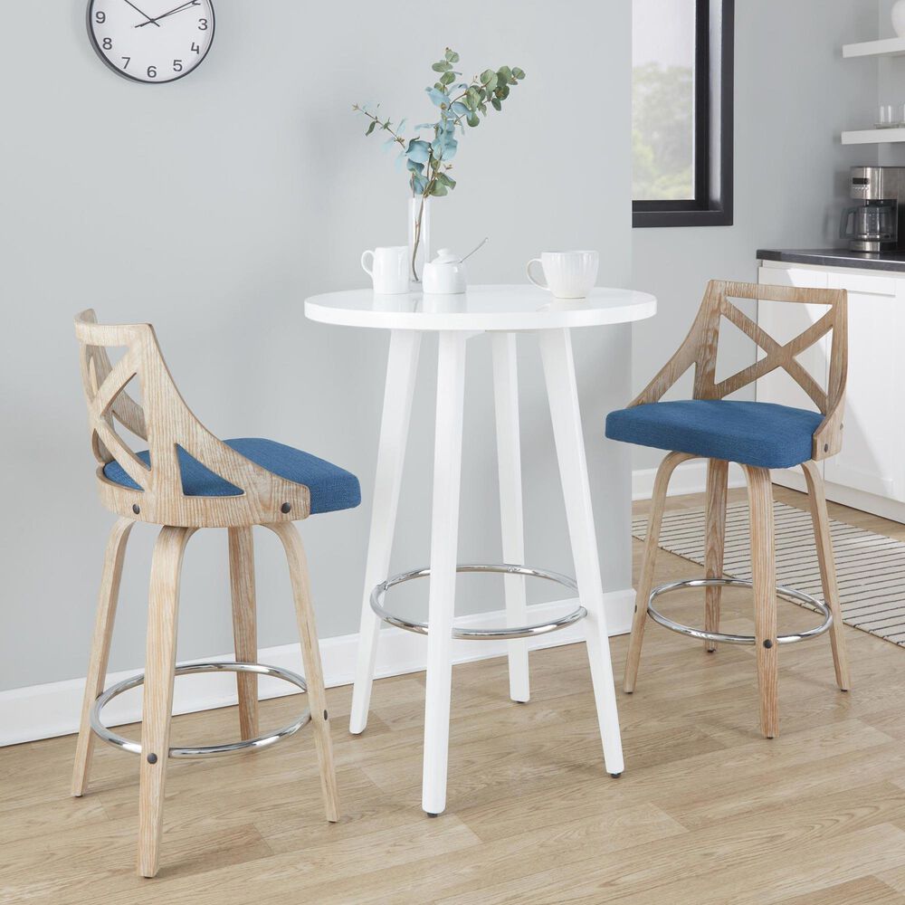 LumiSource Charlotte Swivel Counter Stool with Blue Fabric Upholstery in Whitewashed and Chrome (Set of 2), , large