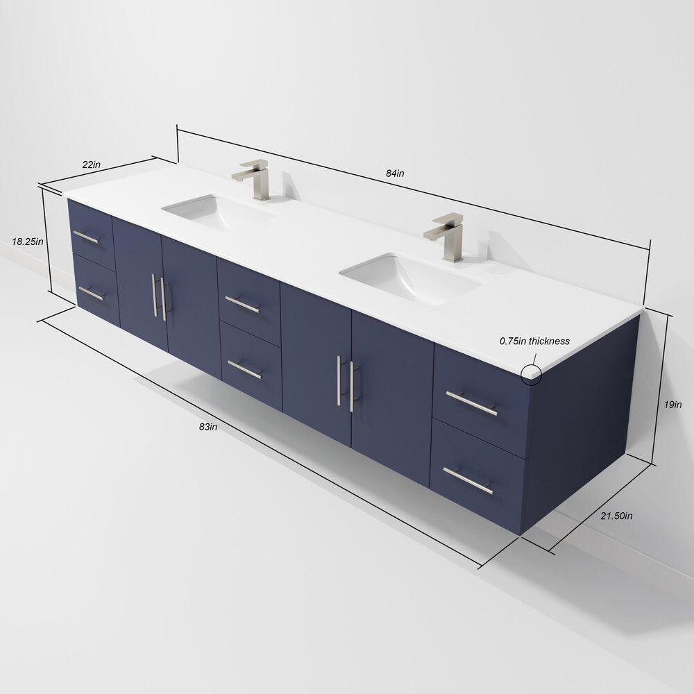Lexora Home Geneva 84" Double Bathroom Vanity in Navy Blue with 2 cm White Quartz Top and Rectangular Sinks, , large