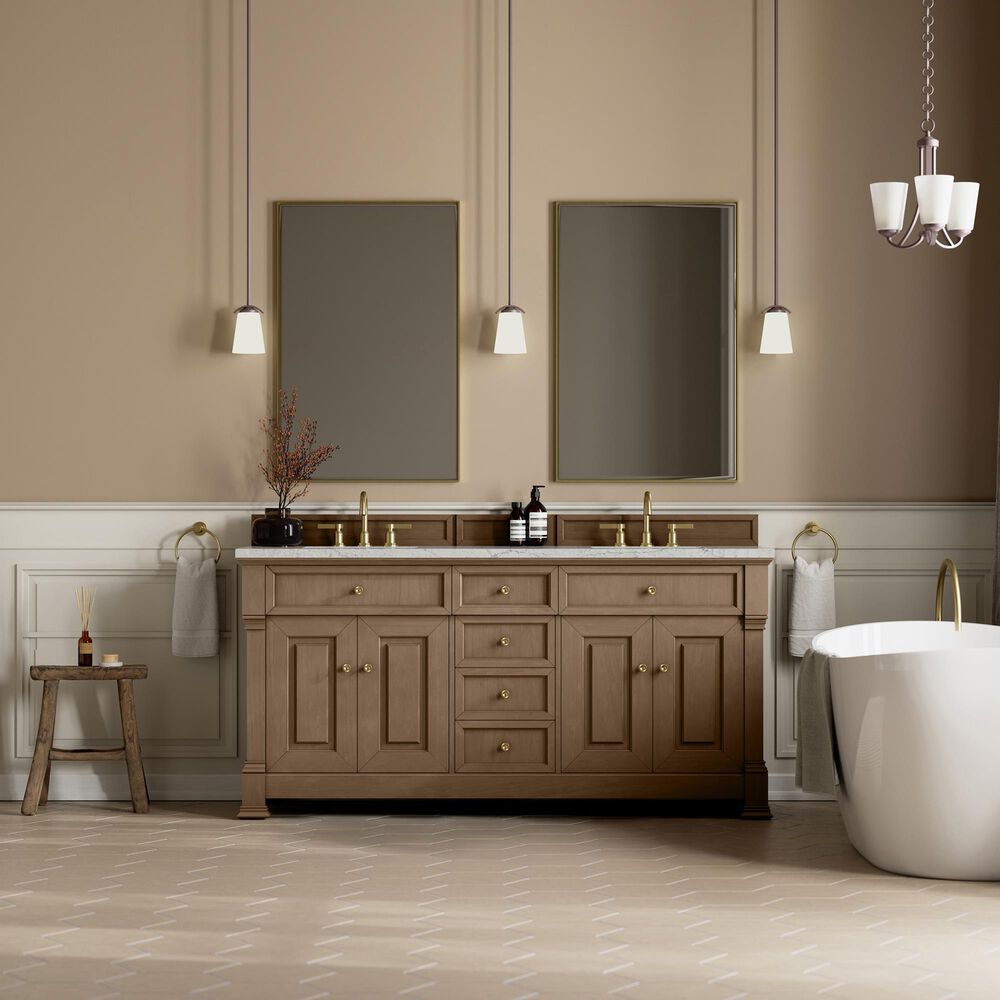 James Martin Vanities Brookfield 72&quot; Double Bathroom Vanity in Pecan with 3cm Eternal Jasmine Pearl Quartz Top and Rectangular Sinks, , large