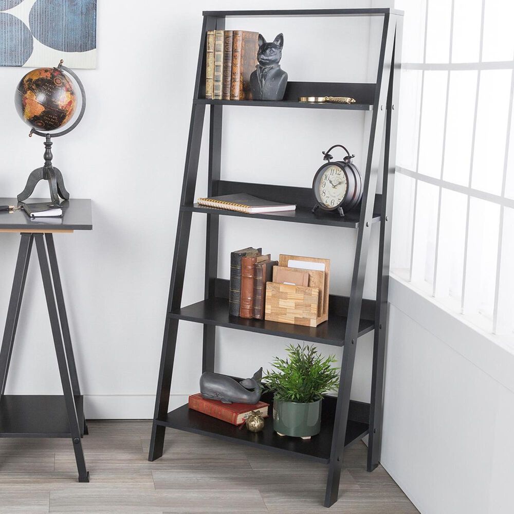 Walker Edison 55" Ladder Bookcase in Black, , large