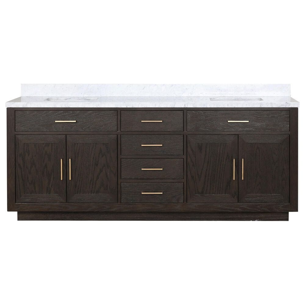 Lexora Home Abbey 84&quot; Double Bathroom Vanity in Brown Oak with 2 cm White Carrara Marble Top and Rectangular Sinks, , large