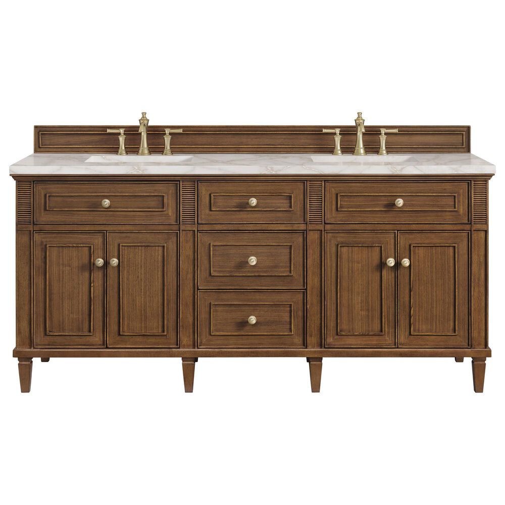 James Martin Vanities Lorelai 72&quot;Double Vanity in Mid-Century Walnut with 3 cm Victorian Silver Quartz Top, , large