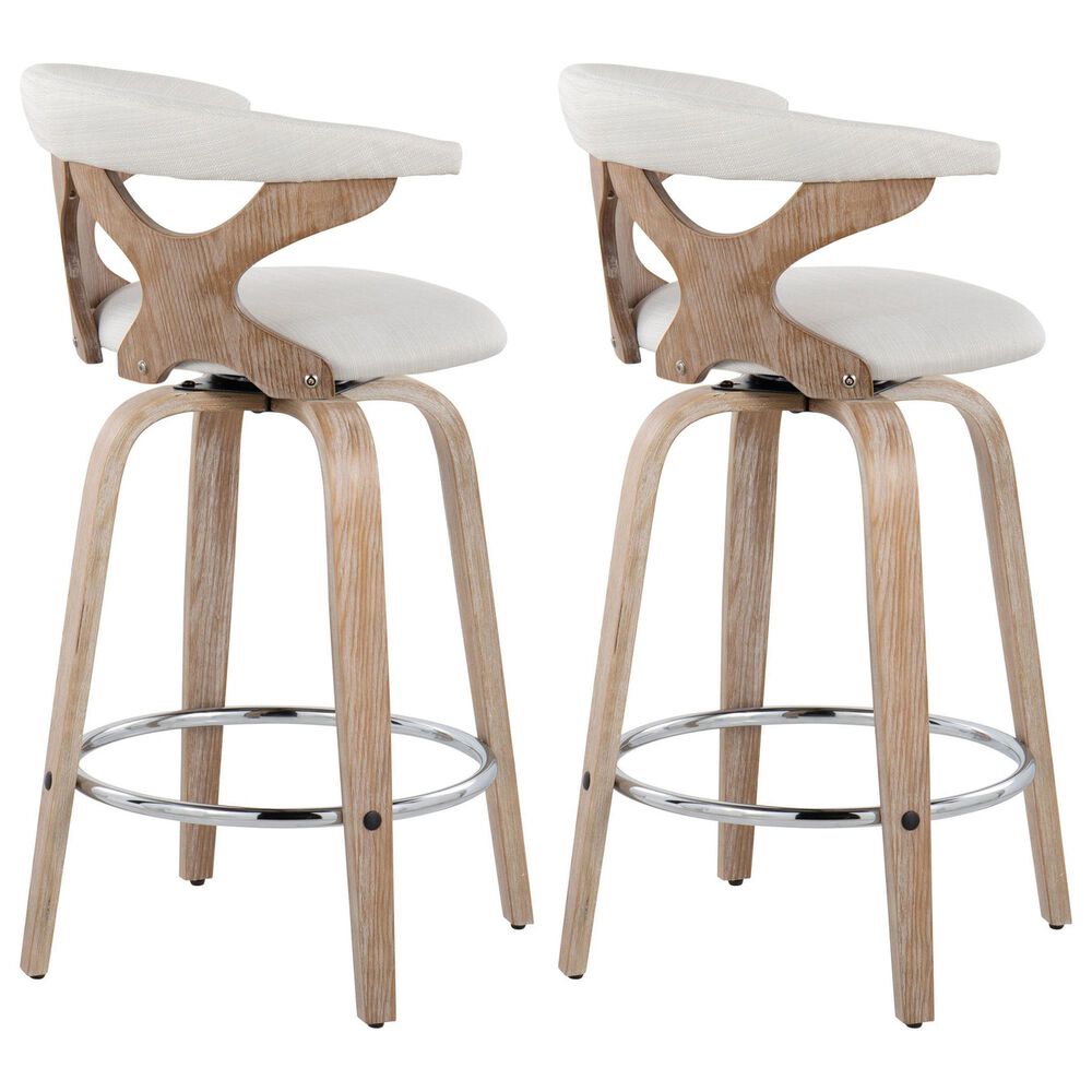 LumiSource Gardenia Swivel Fixed-Height Counter Stool with Cream Fabric Upholstery in Chrome and Whitewashed (Set of 2), , large