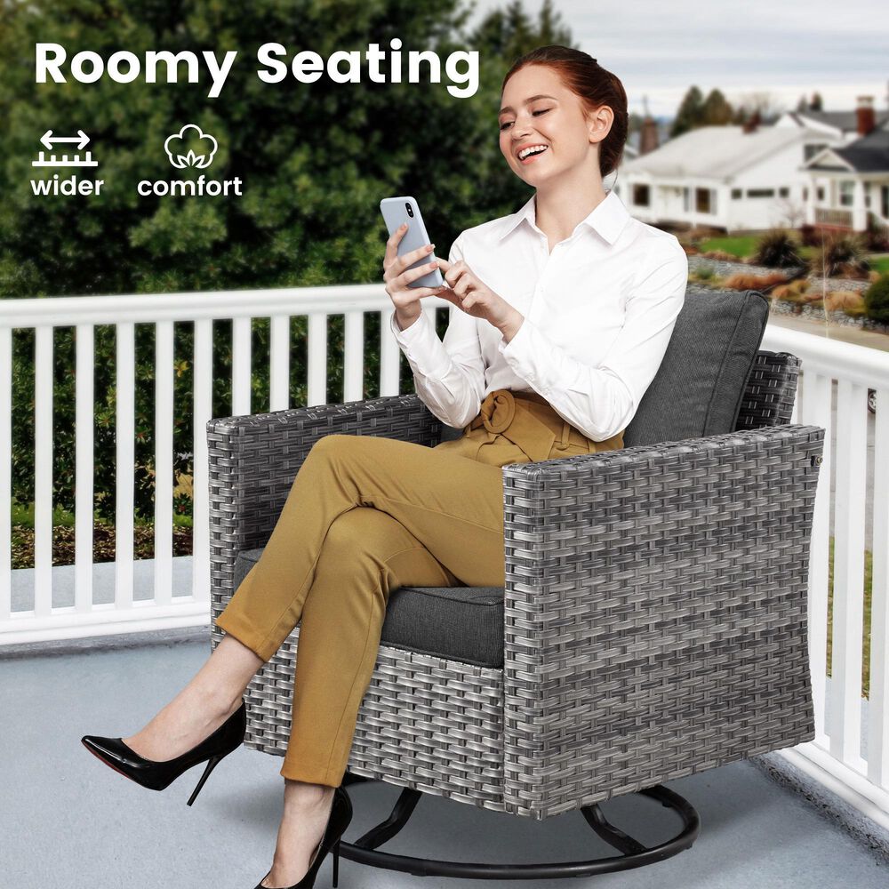HOMLUX 3-Piece Patio Conversation Set with Square-Arm Swivel Rocking Chairs in Black, , large