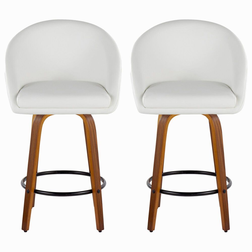 LumiSource Matisse 26" Swivel Counter Stool with White Faux Leather Upholstery in Walnut and Black (Set of 2), , large