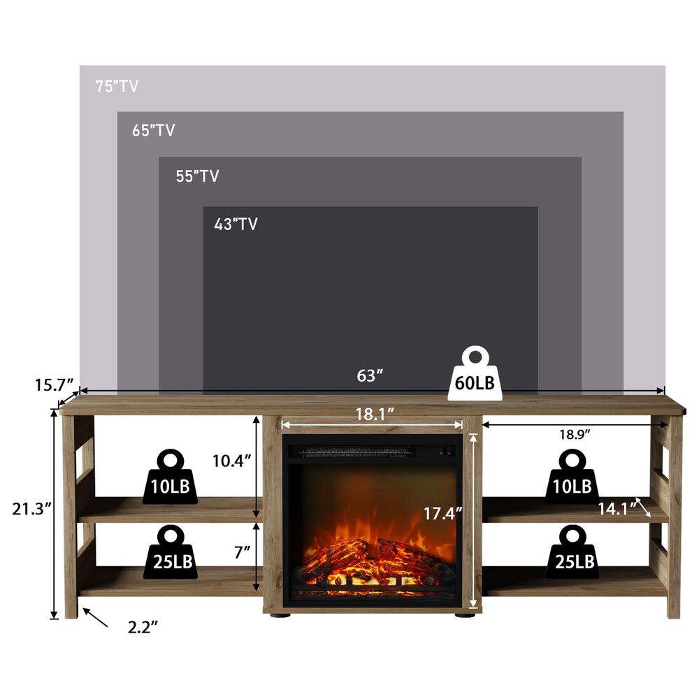 Noviland 63&quot; Fireplace TV Stand with Storage Shelves in Flagstaff Oak, , large