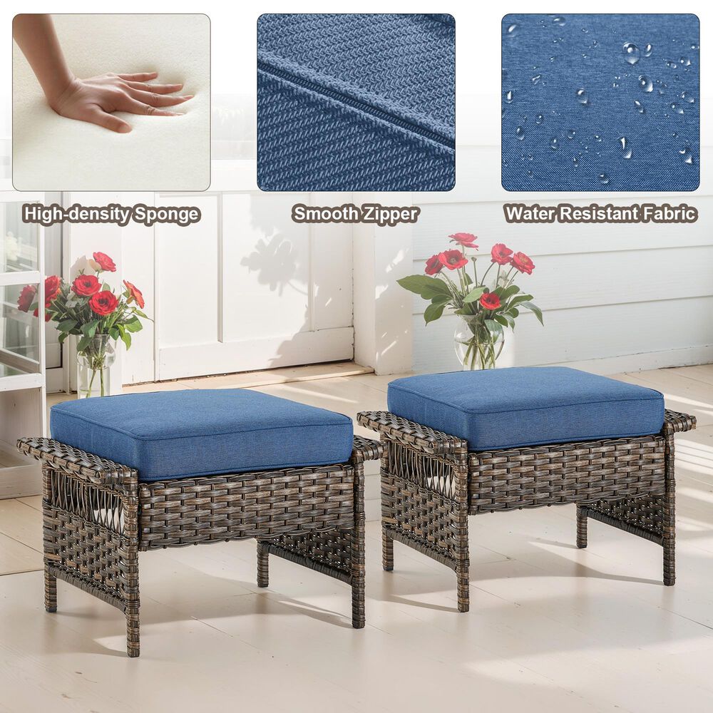 Sunwell Garden Outdoor Ottoman with Navy Cushion in Brown (Set of 2), , large