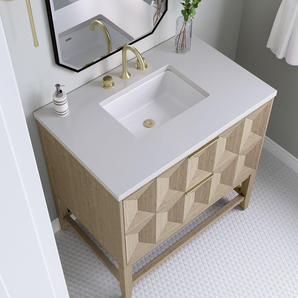 James Martin Vanities Emmeline 36" Single Bathroom Vanity in Pebble Oak with 3 cm White Zeus Quartz Top and Rectangular Sink, , large