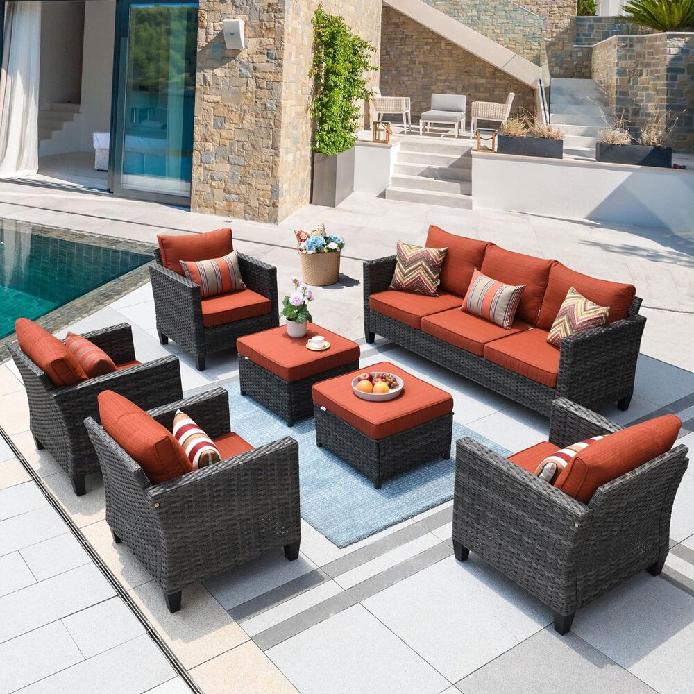 HOMLUX 7-Piece Rattan Sectional Set in Orange, , large