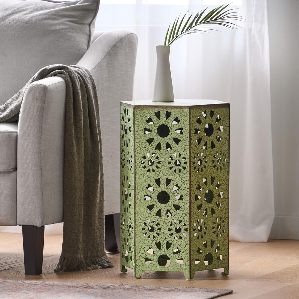 Hearth and Haven Galore 14" Outdoor Hexagon Metal Side Table with Sunburst Cut Out Design in Green, , large