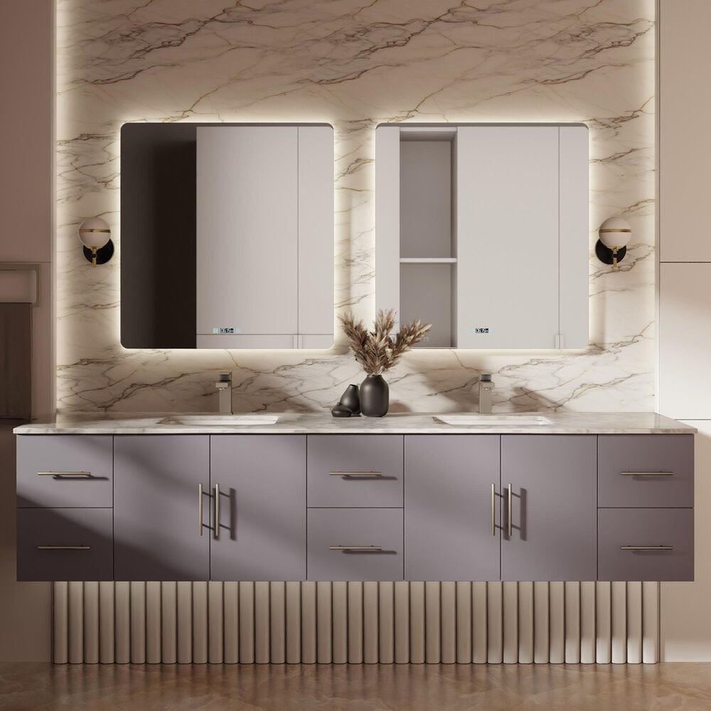 Lexora Home Geneva 84" Double Bathroom Vanity in Dark Grey with 2 cm White Carrara Marble Top and Rectangular Sinks, , large