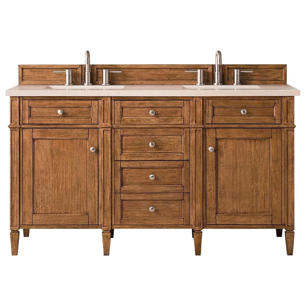 James Martin Vanities Brittany 60" Double Bathroom Vanity in Saddle Brown with 3 cm Eternal Marfil Quartz Top and Rectangular Sinks, , large