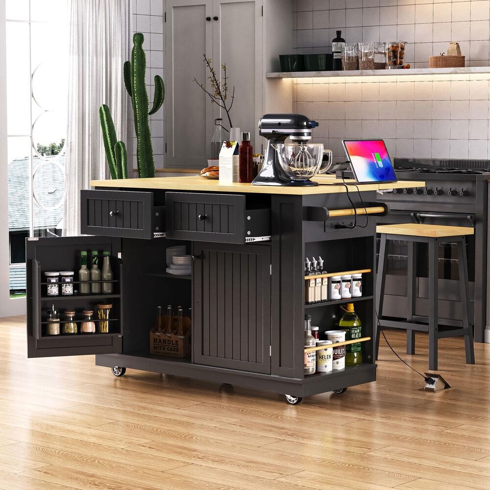 HOMLUX 48" Kitchen Island with Drop Leaf in Black and Natural, , large