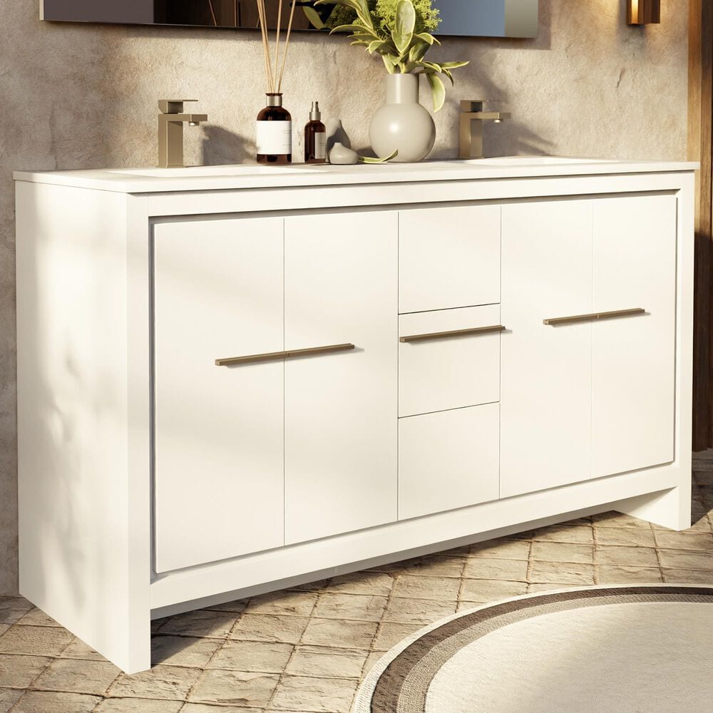 Lexora Home Lafarre 60" Double Bathroom Vanity in White with 2 cm White Quartz Top and Rectangular Sinks, , large