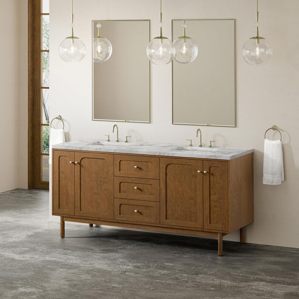 James Martin Laurent 72" Double Bathroom Vanity in Honey Oak with 3 cm Carrara Marble Top and Rectangular Sinks, , large
