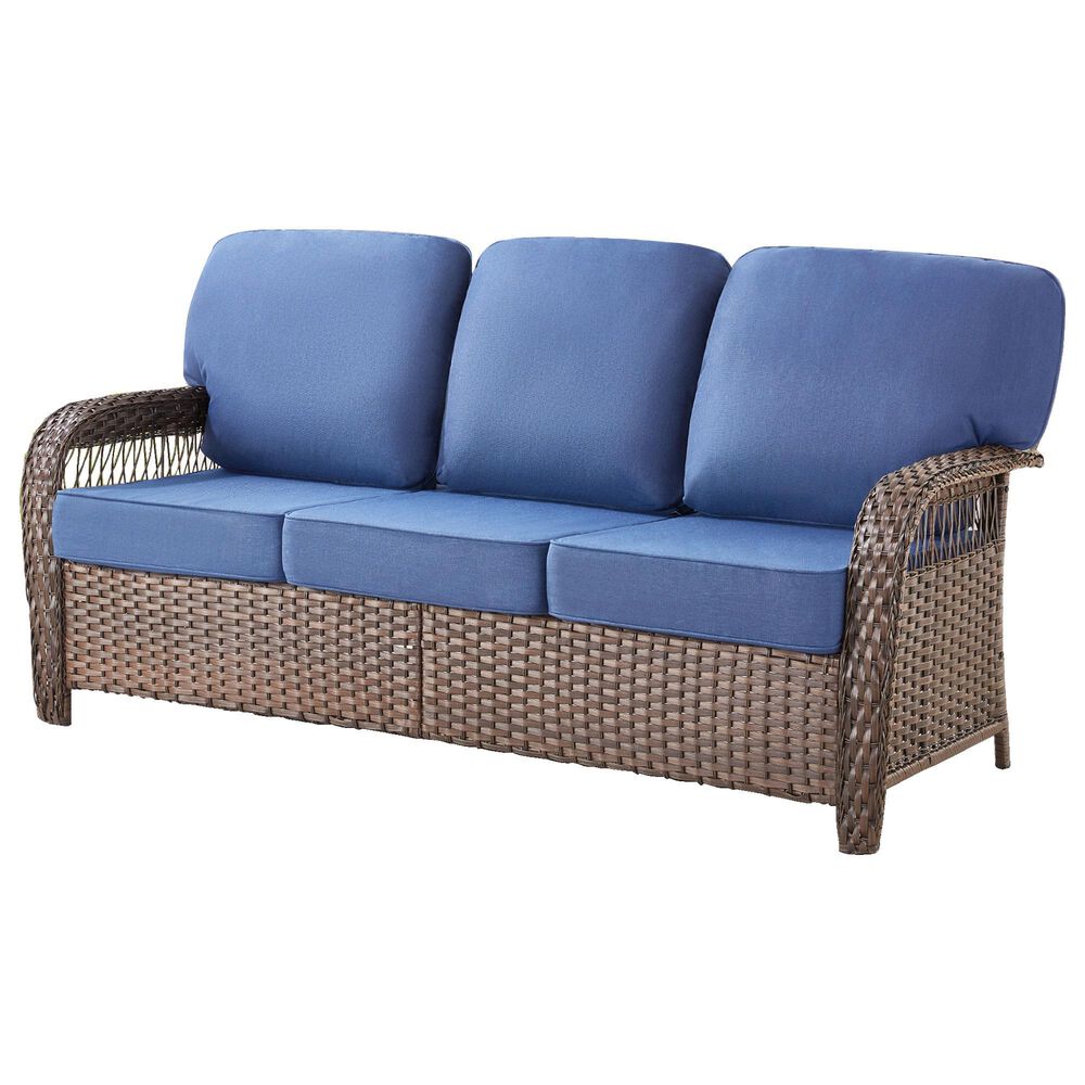 Hearth and Haven Outdoor Sofa with T-back Cushions and Brown Wicker in Blue, , large